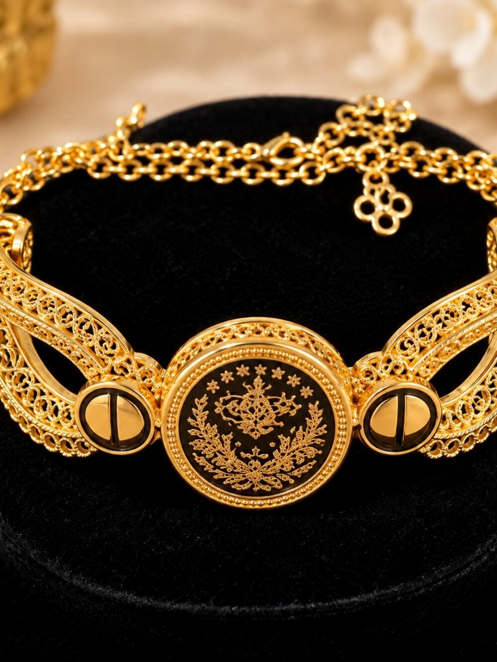 22K Gold Plated  Dubai Gold Filigree Medallion Bracelet Necklace - Women Jewelry